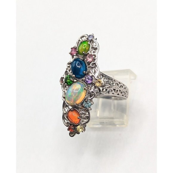 Sterling Silver 925 Multicolor Gemstone Opal Cocktail Statement Ring Size 8 - Picture 4 of 12